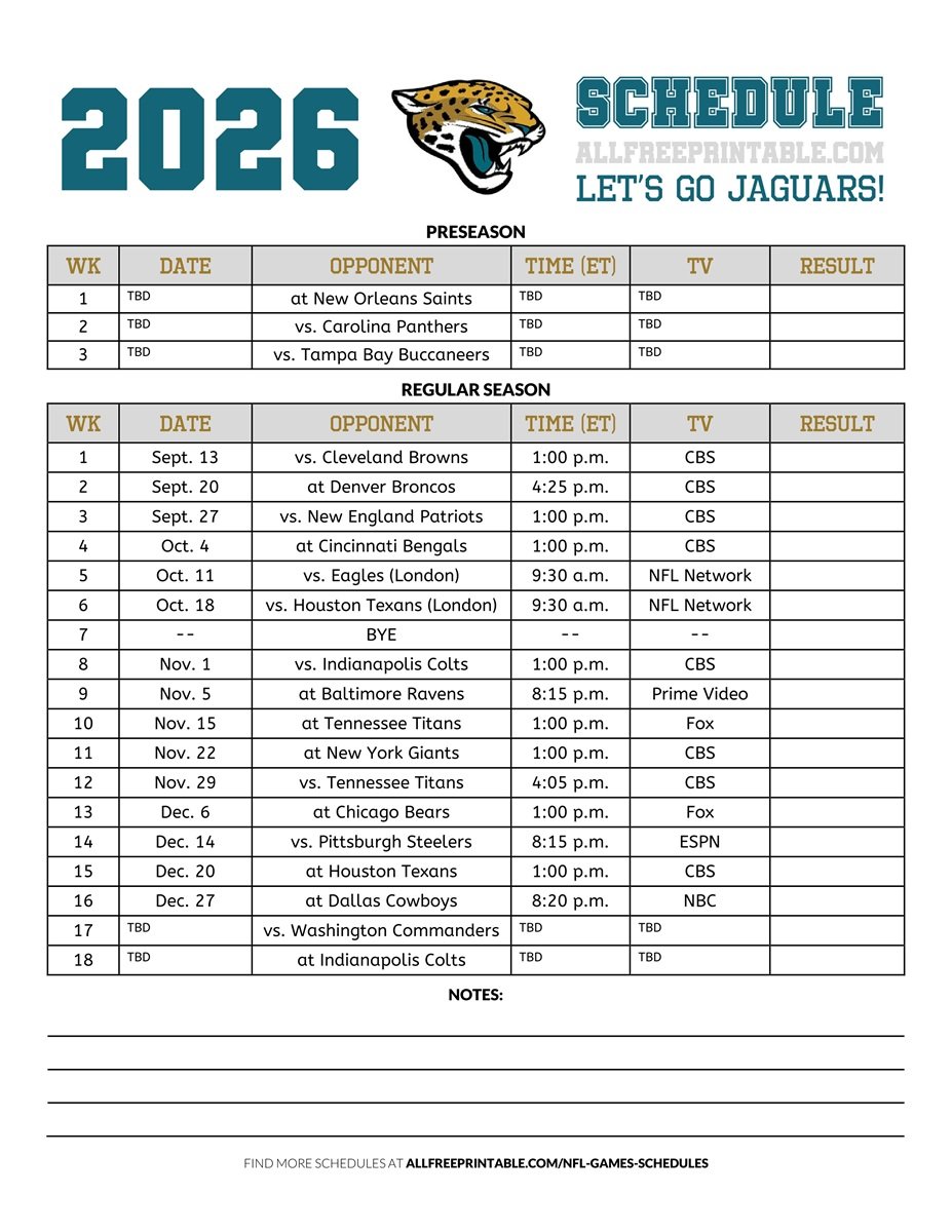 Free Printable 2026 Jacksonville Jaguars Schedule PDF