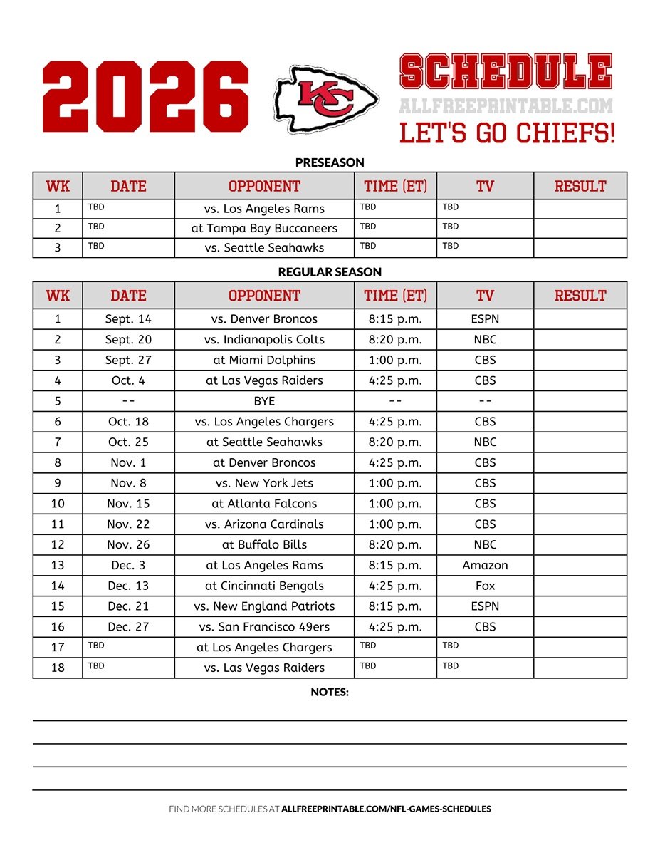 Free Printable 2026 Kansas City Chiefs Schedule