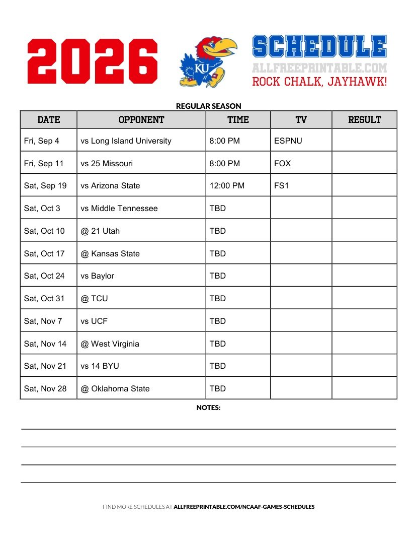 Free Printable 2026 Kansas Jayhawks NCAAF Schedule PDF