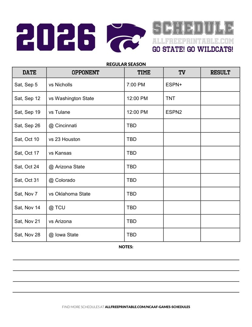 Free Printable 2026 Kansas State Wildcats NCAAF Schedule PDF
