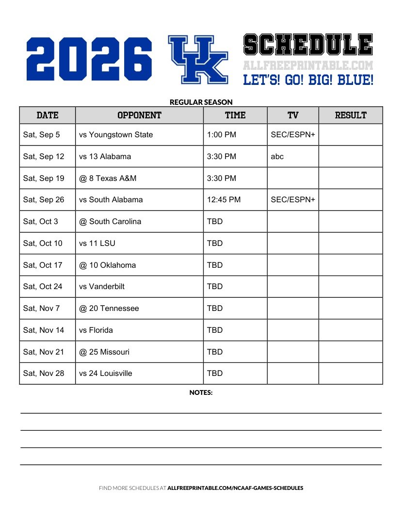 Free Printable 2026 Kentucky Wildcats NCAAF Schedule PDF