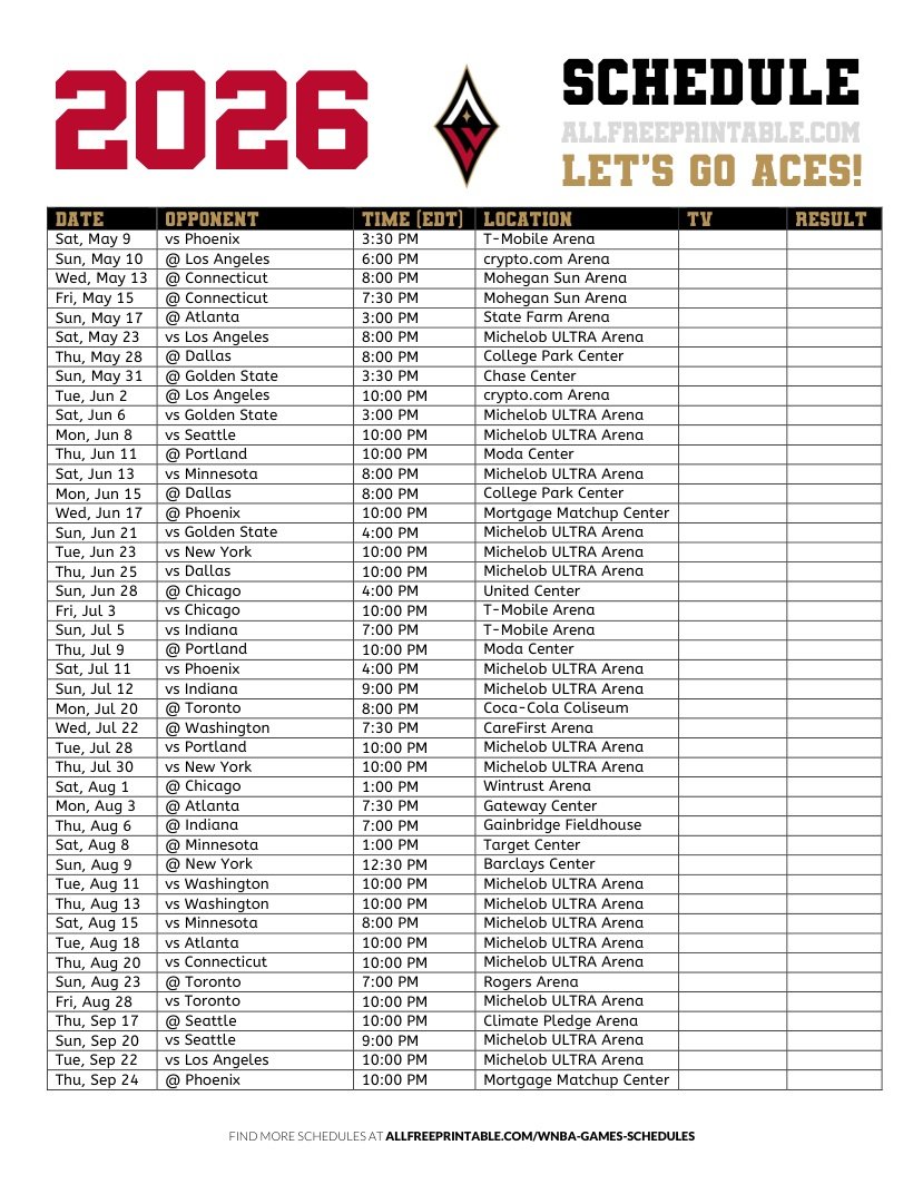 Free Printable 2026 Las Vegas Aces Schedule Free Printable 2026 Las Vegas Aces Schedule