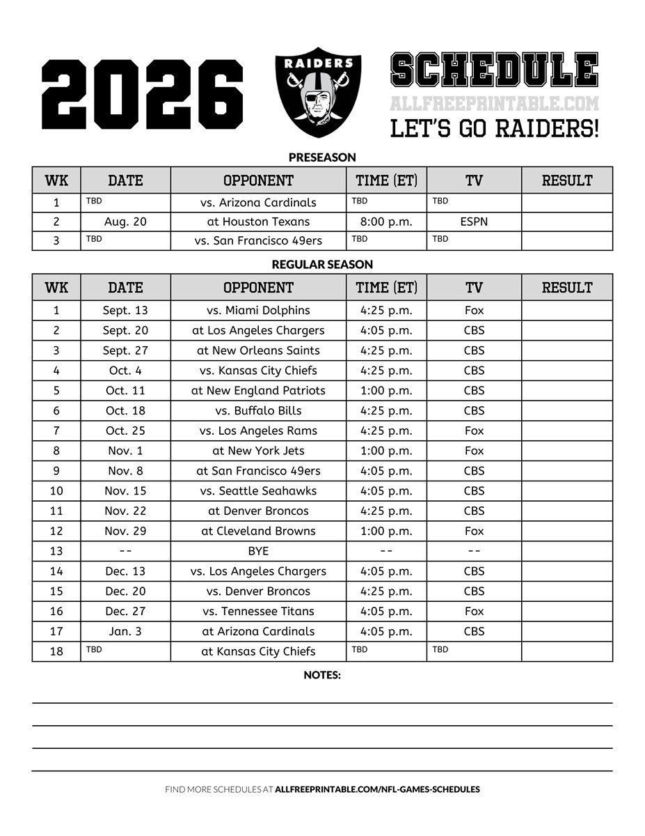 Free Printable 2026 Las Vegas Raiders Schedule PDF