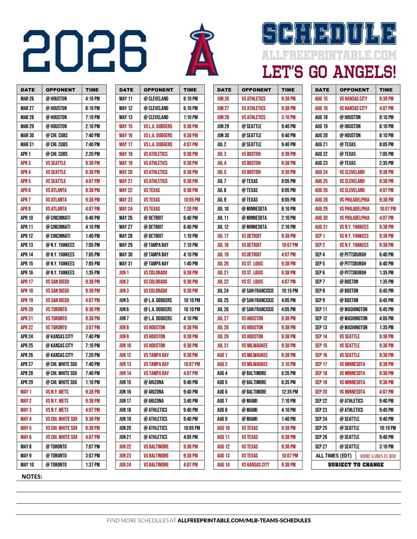 Free Printable 2026 Los Angeles Angels Games Schedule