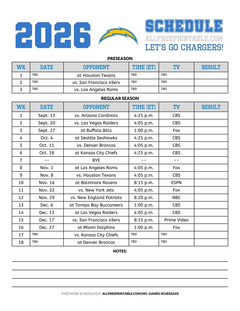 Free Printable 2026 Los Angeles Chargers Schedule