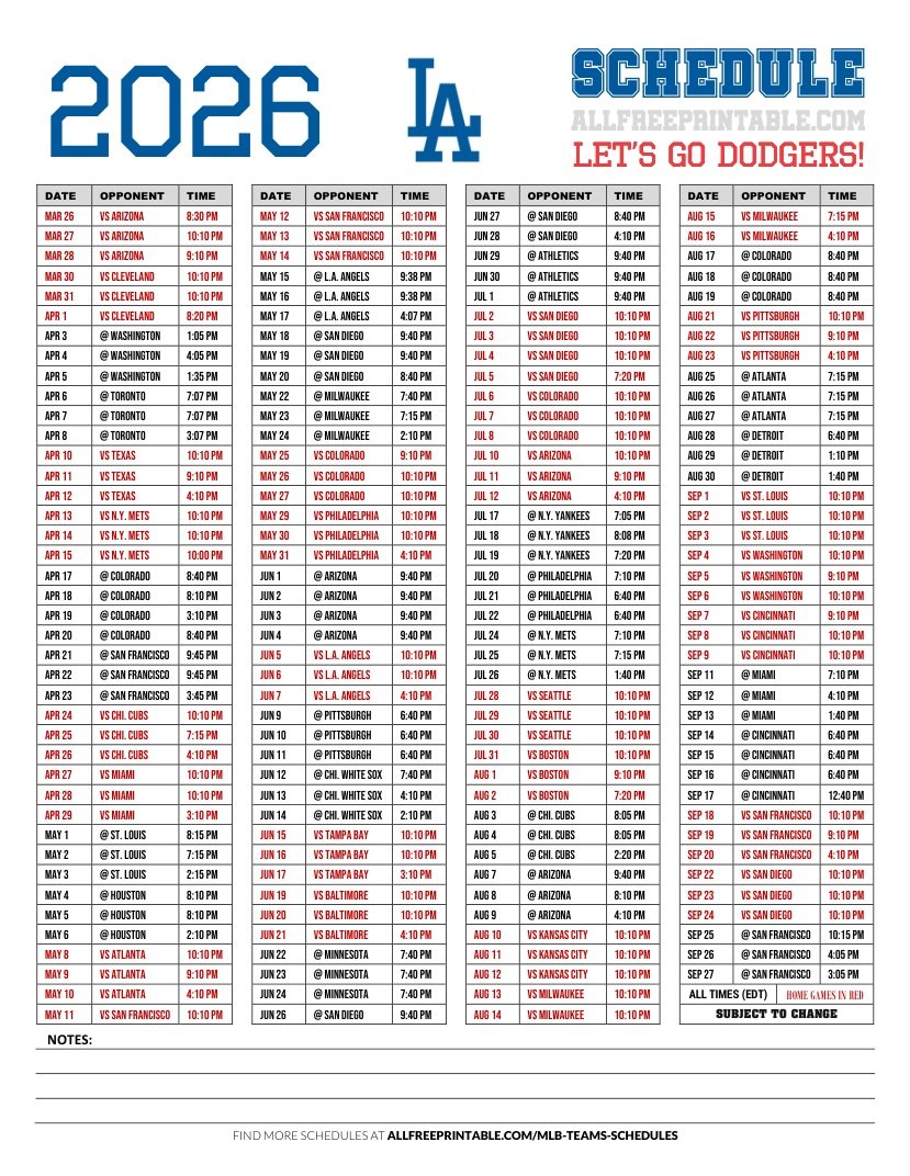 Free Printable 2026 Los Angeles Dodgers Games Schedule Free Printable 2026 Los Angeles Dodgers Games Schedule