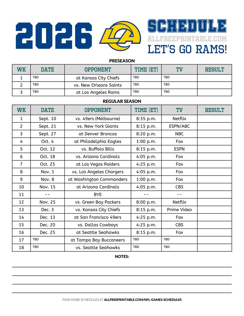 Free Printable 2026 Los Angeles Rams Schedule
