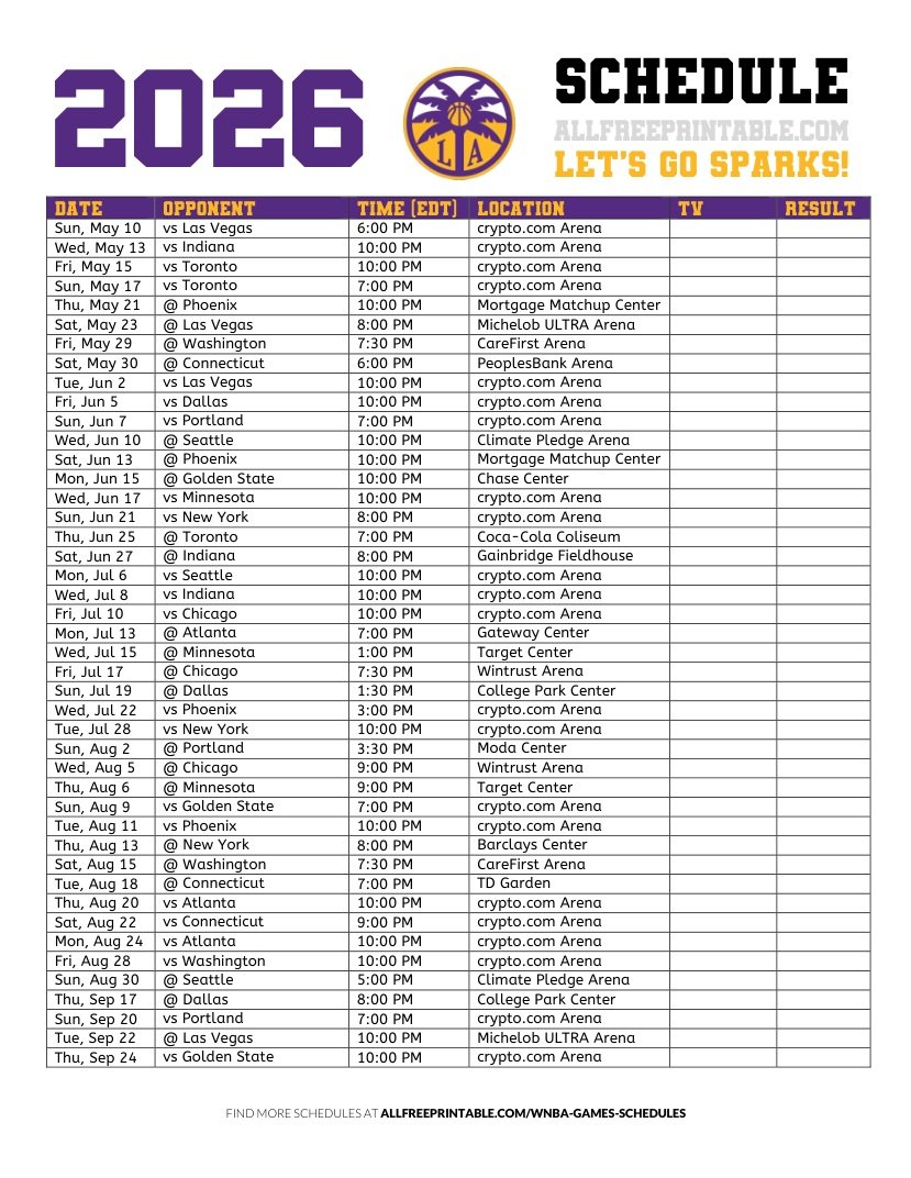 Free Printable 2026 Los Angeles Sparks Schedule Free Printable 2026 Los Angeles Sparks Schedule
