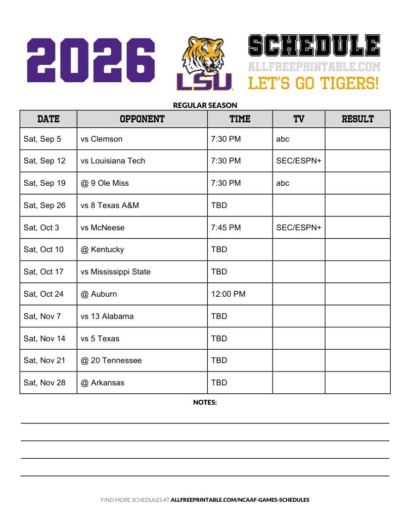 Free Printable 2026 LSU Tigers NCAAF Schedule
