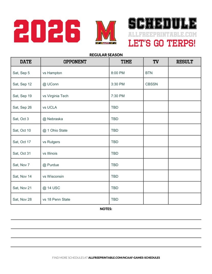 Free Printable 2026 Maryland Terrapins NCAAF Schedule PDF