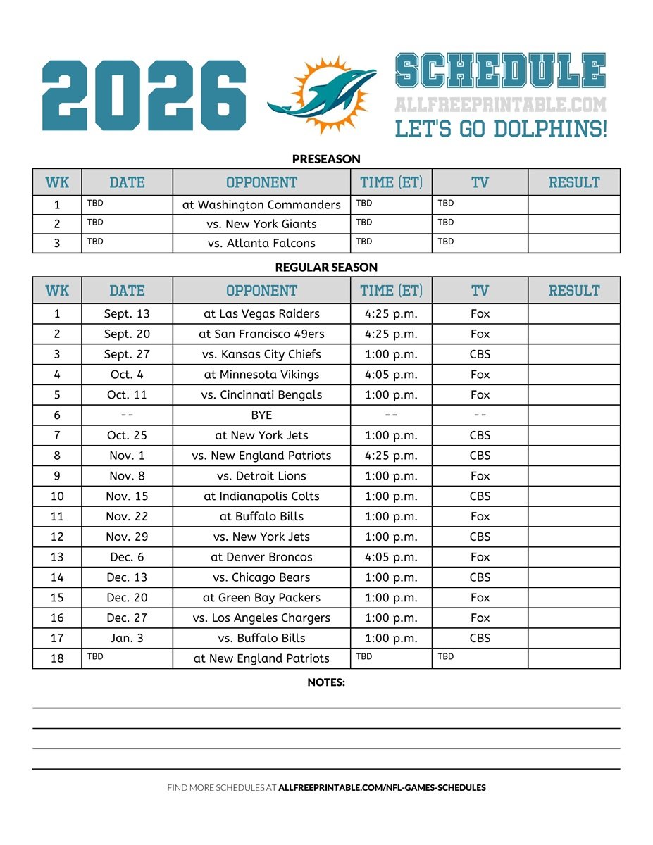 Free Printable 2026 Miami Dolphins Schedule