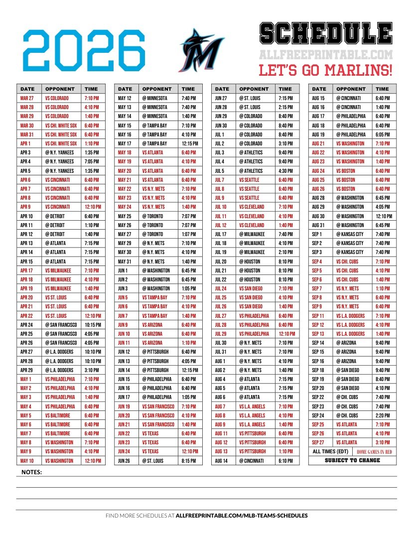 Free Printable 2026 Miami Marlins Schedule PDF