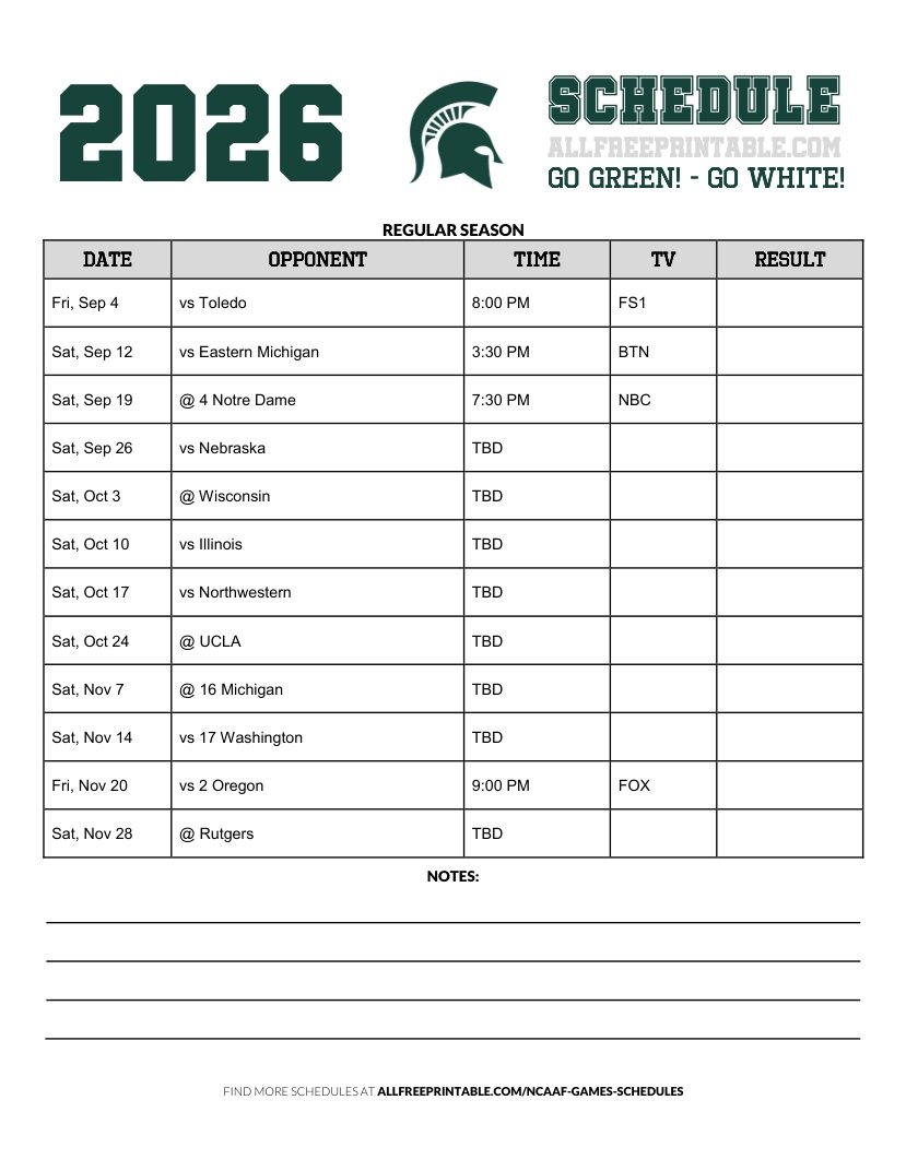 Free Printable 2026 Michigan State Spartans NCAAF Schedule