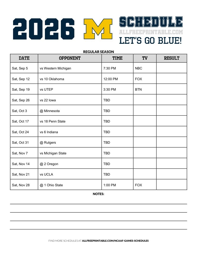 Free Printable 2026 Michigan Wolverines NCAAF Schedule PDF