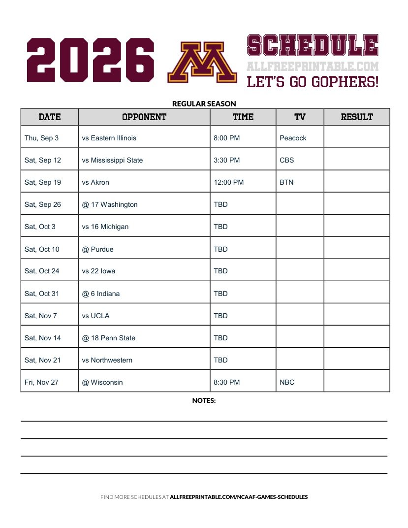 Free Printable 2026 Minnesota Golden Gophers NCAAF Schedule