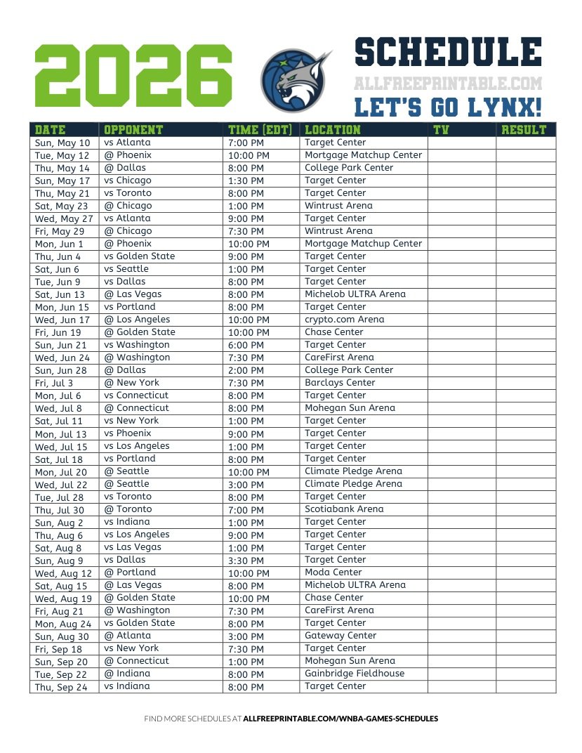 Free Printable 2026 Minnesota Lynx Schedule