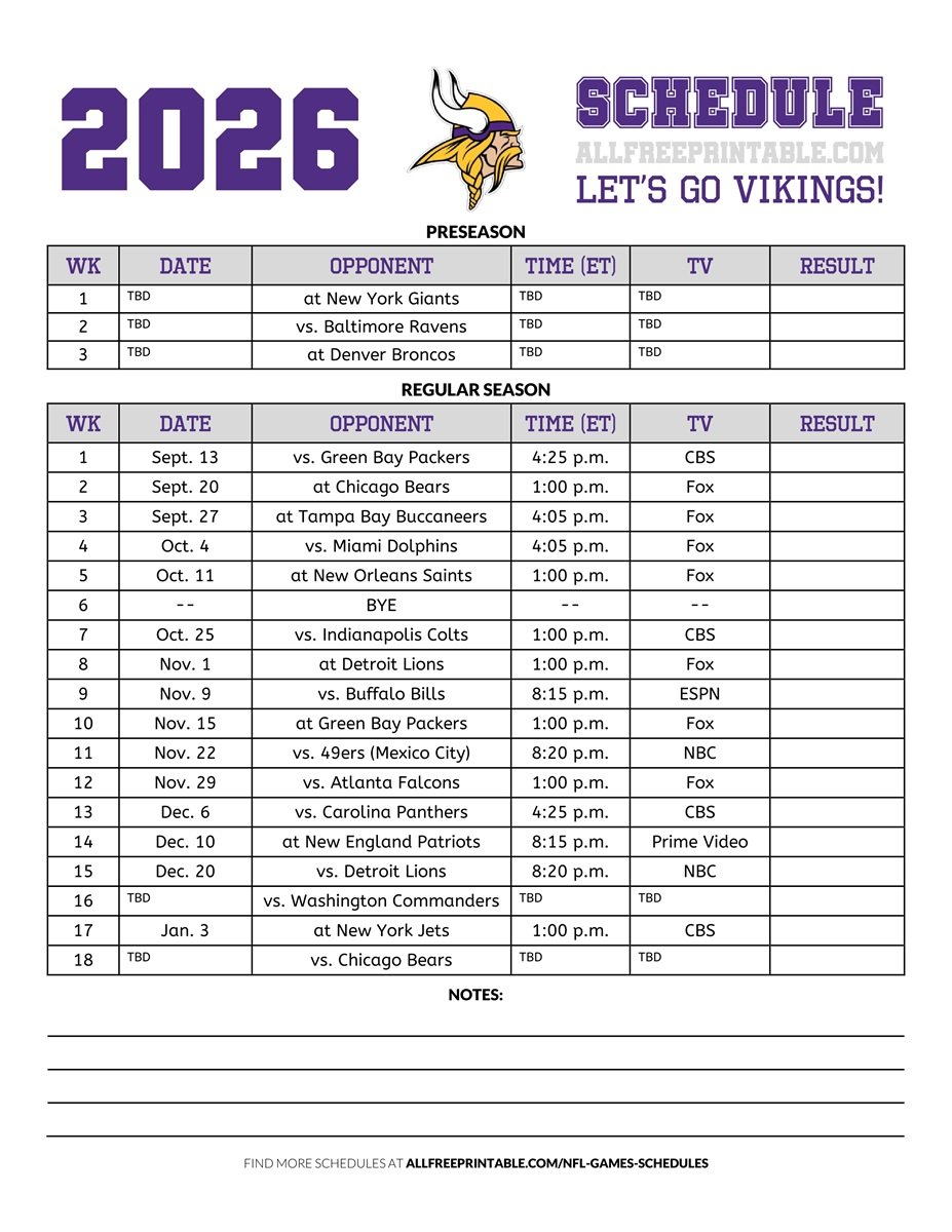 Free Printable 2026 Minnesota Vikings Schedule