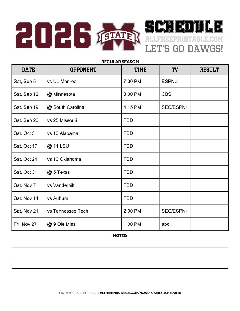 Free Printable 2026 Mississippi State Bulldogs NCAAF Schedule PDF