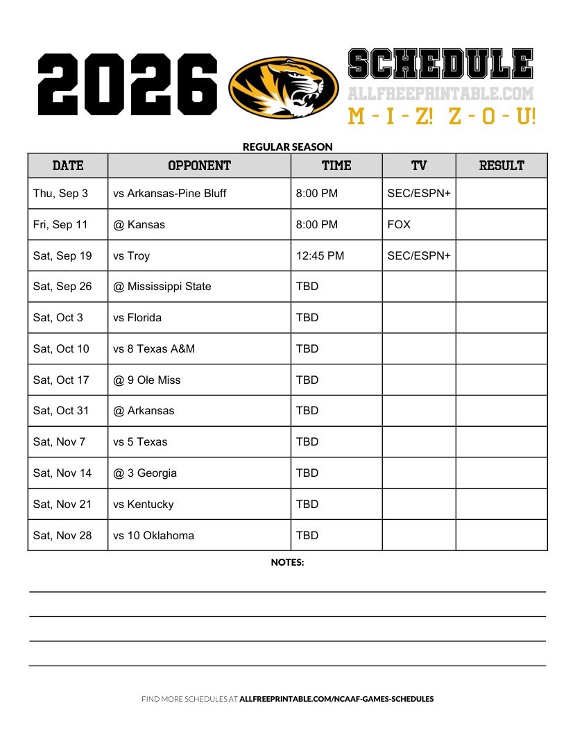 Free Printable 2026 Missouri Tigers NCAAF Schedule