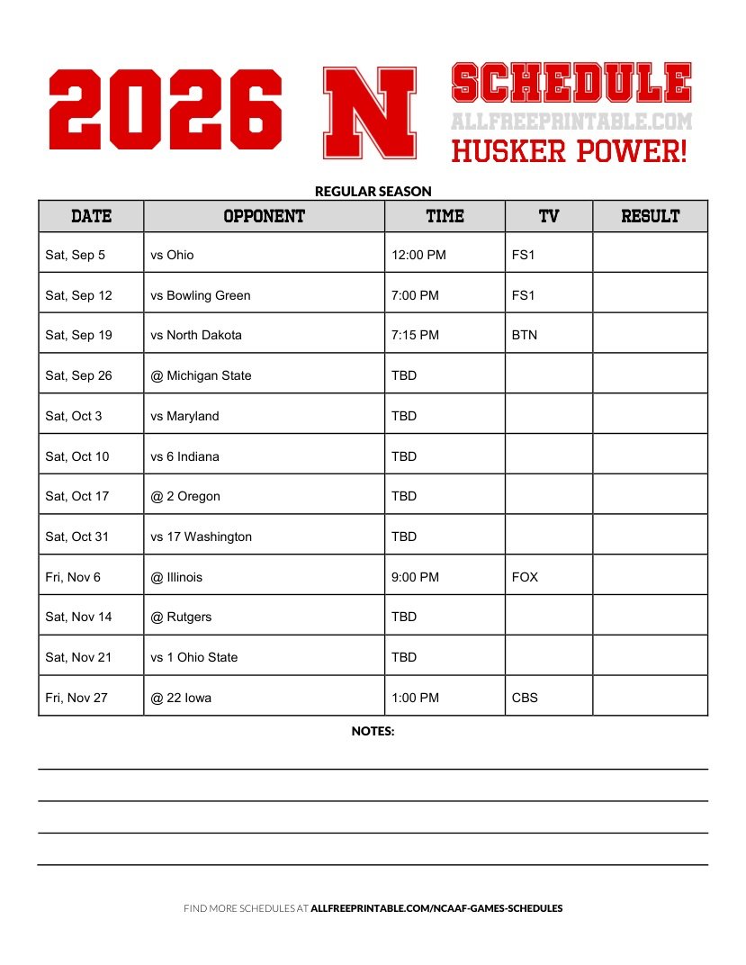 Free Printable 2026 Nebraska Cornhuskers NCAAF Schedule
