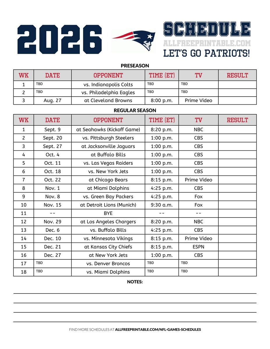 Free Printable 2026 New England Patriots Schedule PDF