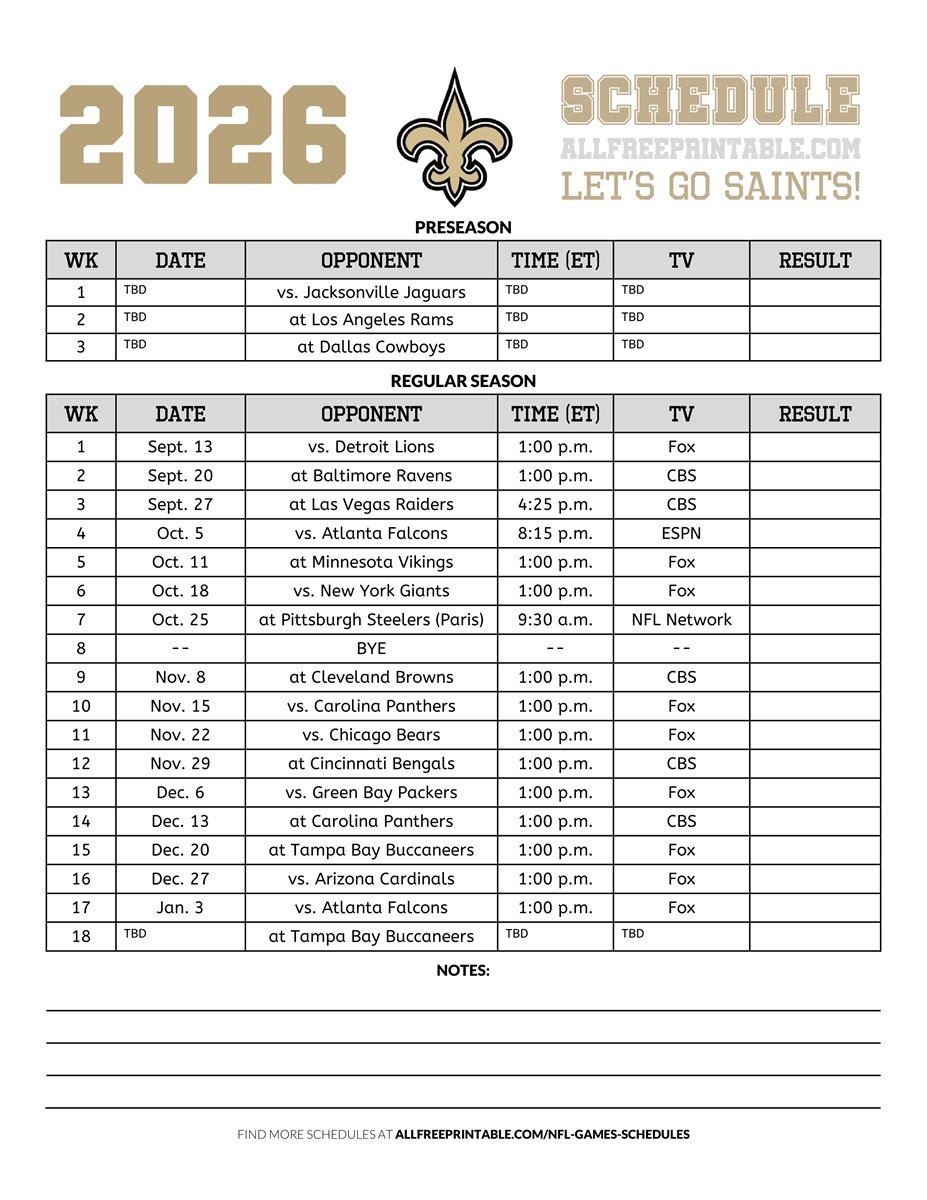 Free Printable 2026 New Orleans Saints Schedule PDF