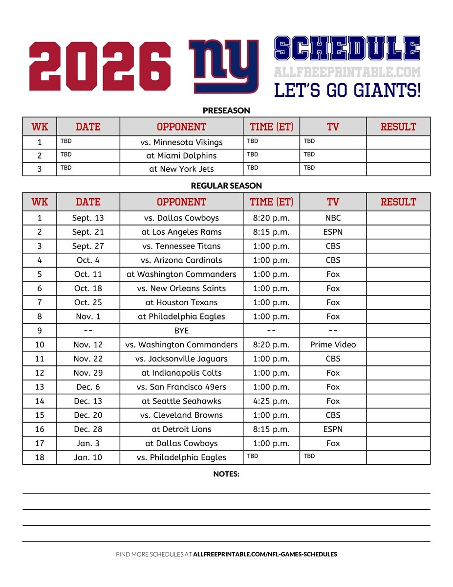 Free Printable 2026 New York Giants Schedule PDF