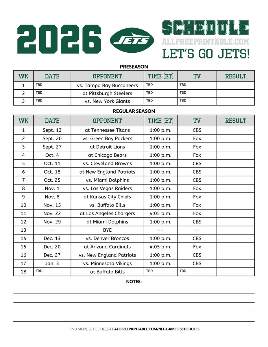 Free Printable 2026 New York Jets Schedule PDF