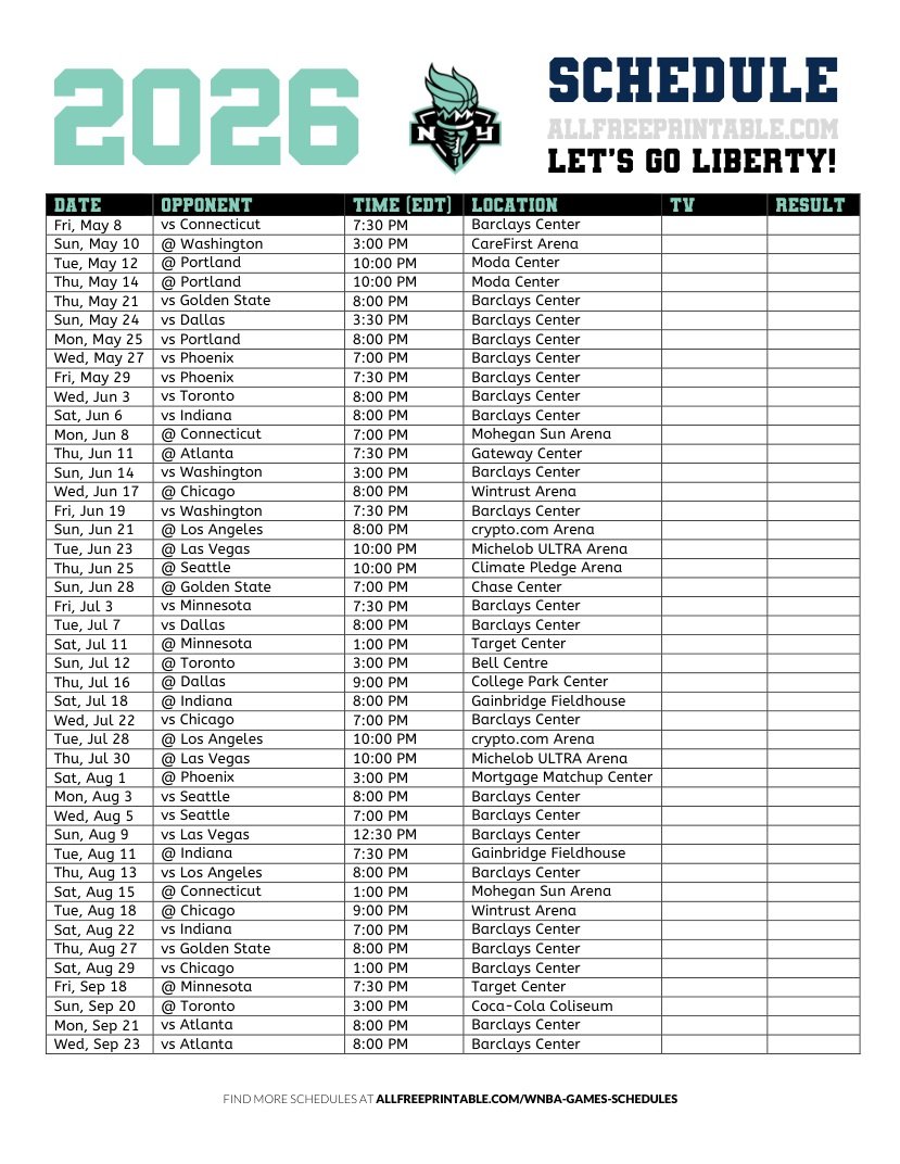Free Printable 2026 New York Liberty Schedule
