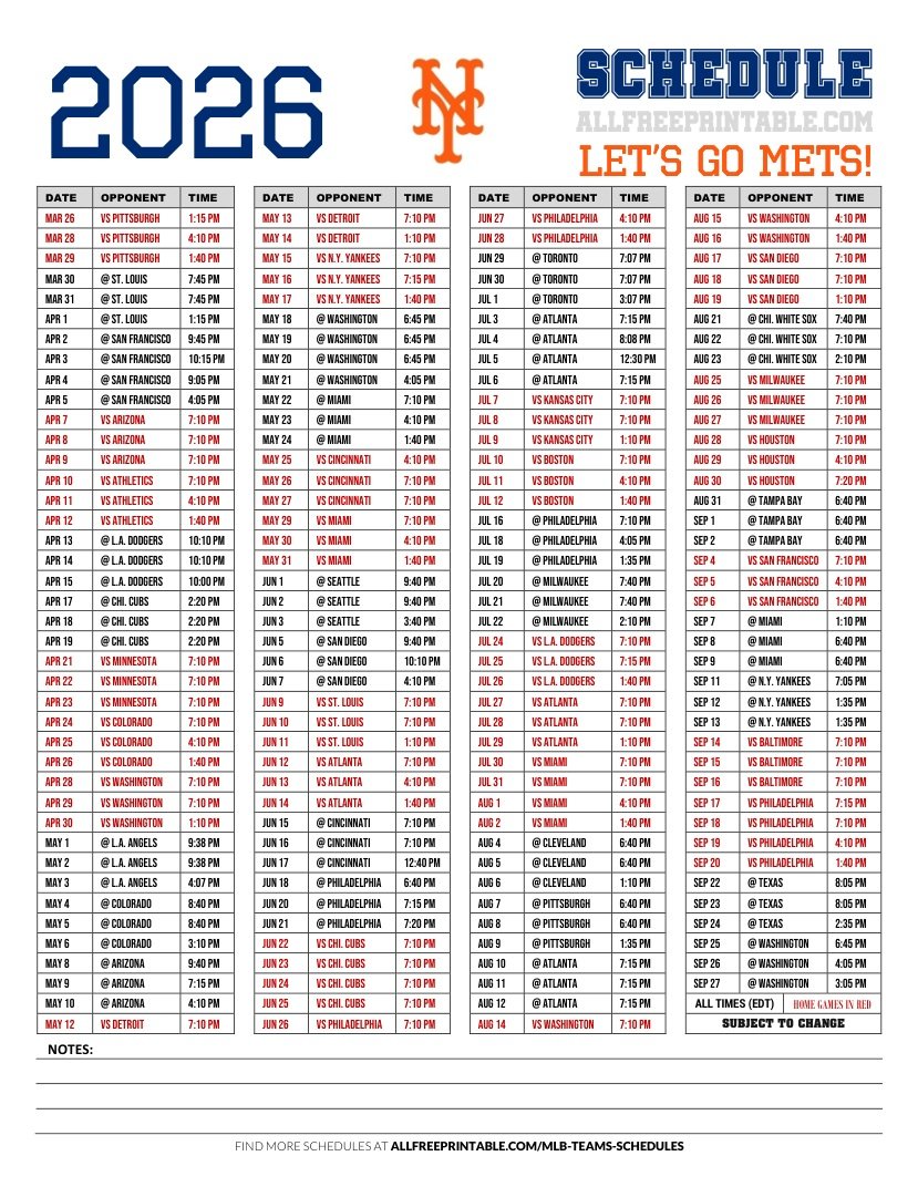 Free Printable 2026 New York Mets Schedule PDF
