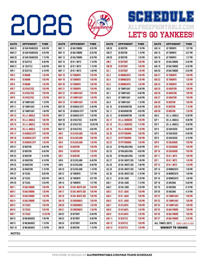 Free Printable 2026 New York Yankees Schedule PDF