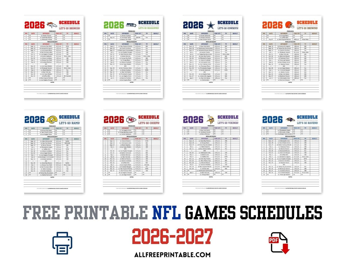 Free Printable 2026 NFL Games Schedules