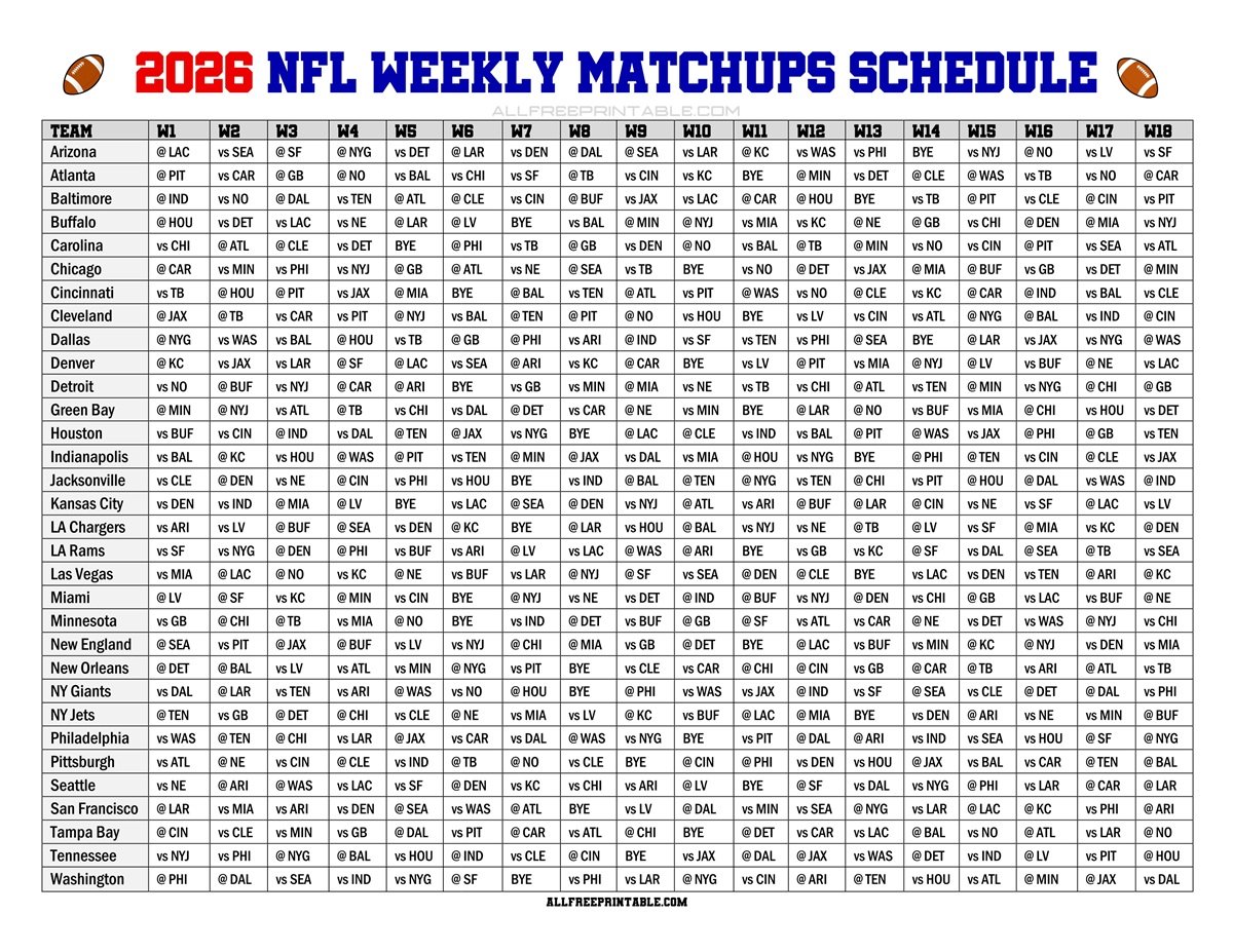 Free Printable 2026 NFL Weekly Matchups Schedule PDF