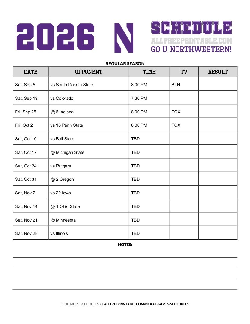 Free Printable 2026 Northwestern Wildcats NCAAF Schedule