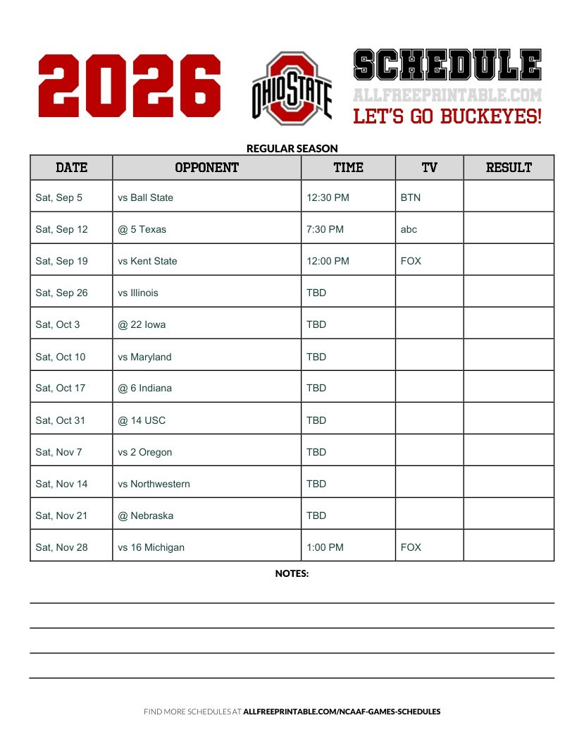 Free Printable 2026 Ohio State Buckeyes NCAAF Schedule PDF