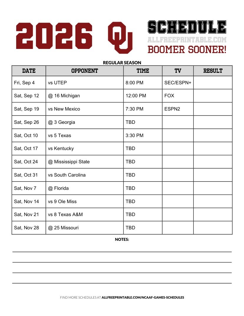 Free Printable 2026 Oklahoma Sooners NCAAF Schedule