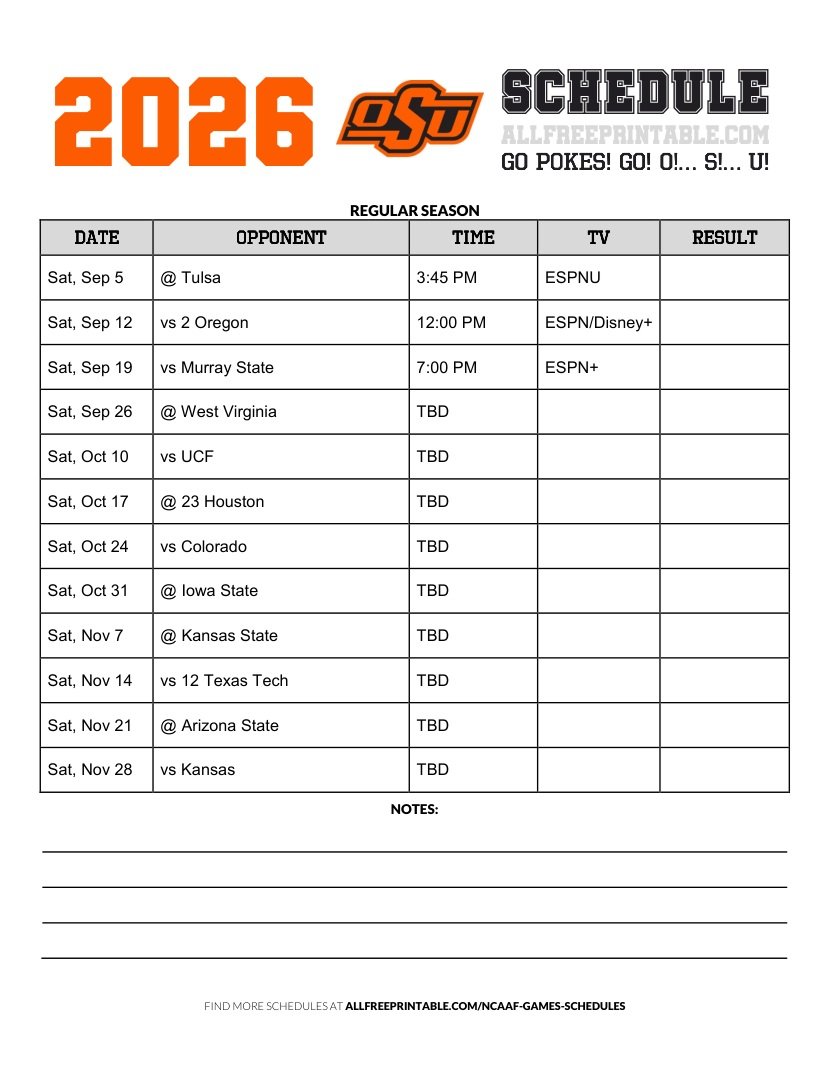Free Printable 2026 Oklahoma State Cowboys NCAAF Schedule PDF