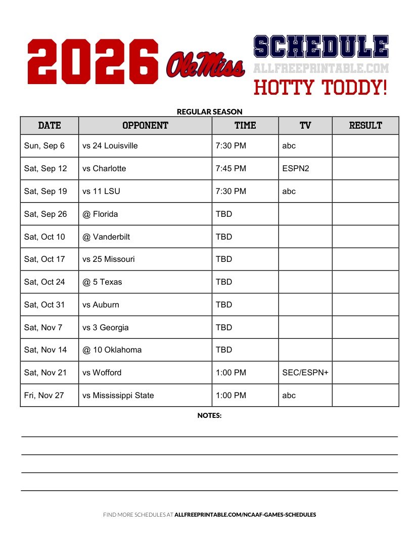 Free Printable 2026 Ole Miss Rebels NCAAF Schedule PDF
