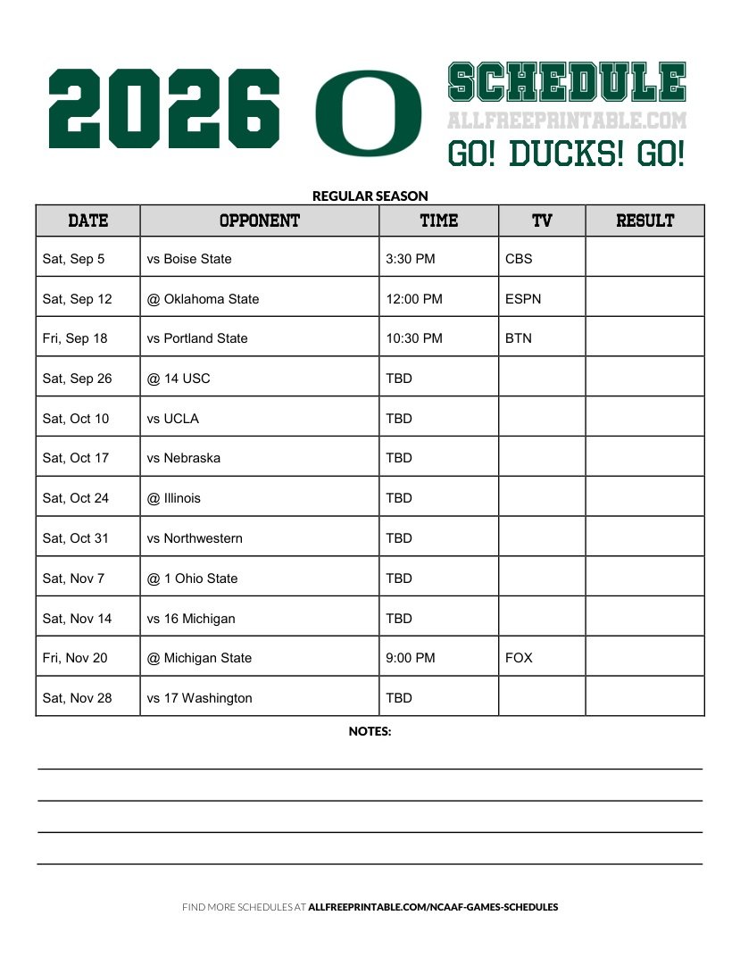 Free Printable 2026 Oregon Ducks NCAAF Schedule