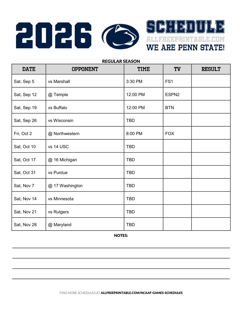 Free Printable 2026 Penn State Nittany Lions NCAAF Schedule