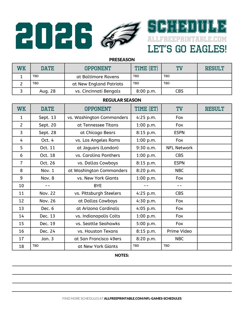 Free Printable 2026 Philadelphia Eagles Schedule