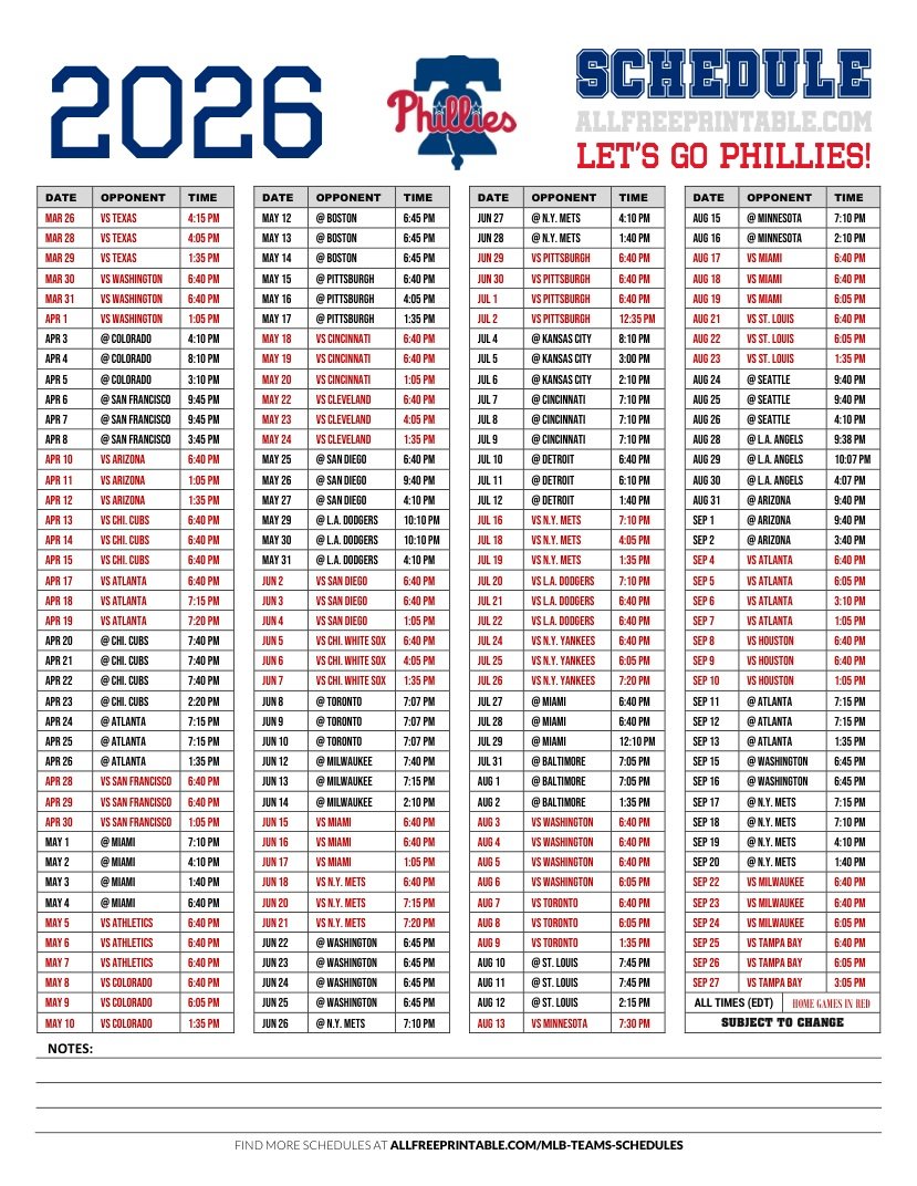 Free Printable 2026 Philadelphia Phillies Schedule PDF