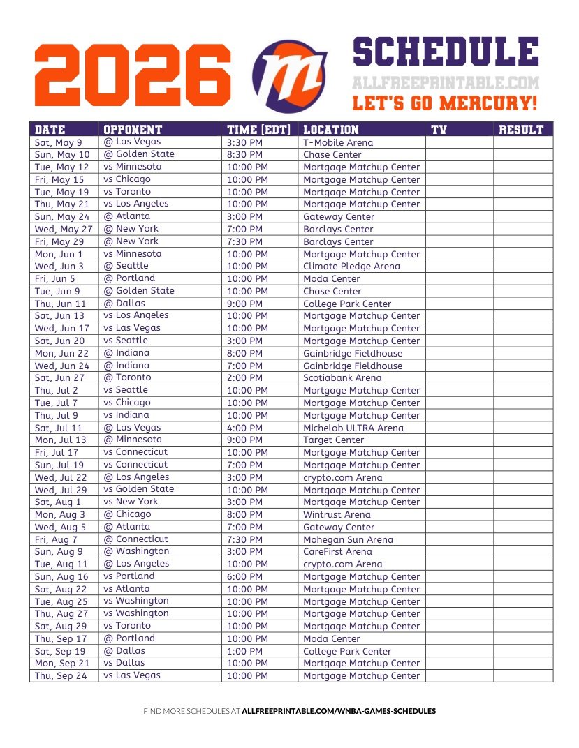 Free Printable 2026 Phoenix Mercury Schedule