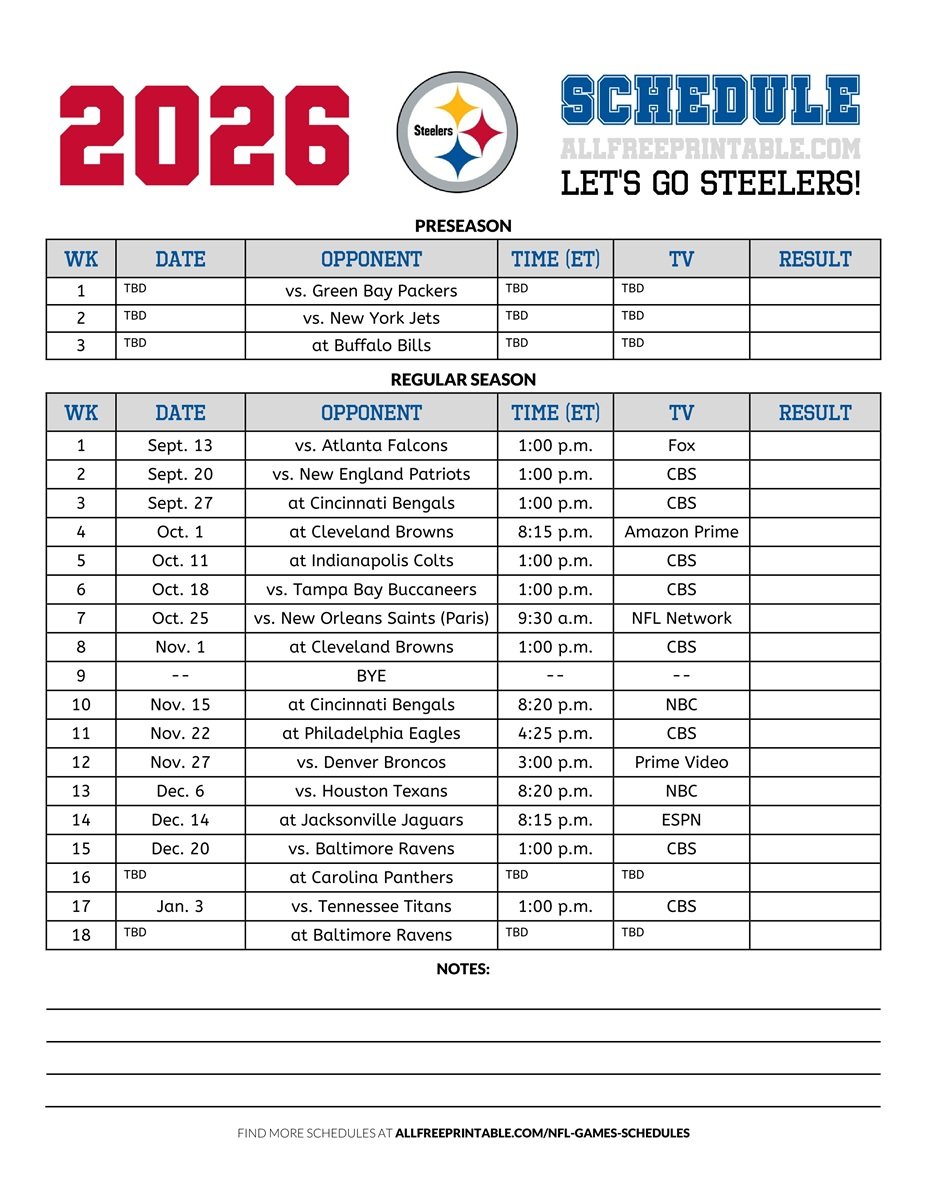 Free Printable 2026 Pittsburgh Steelers Schedule
