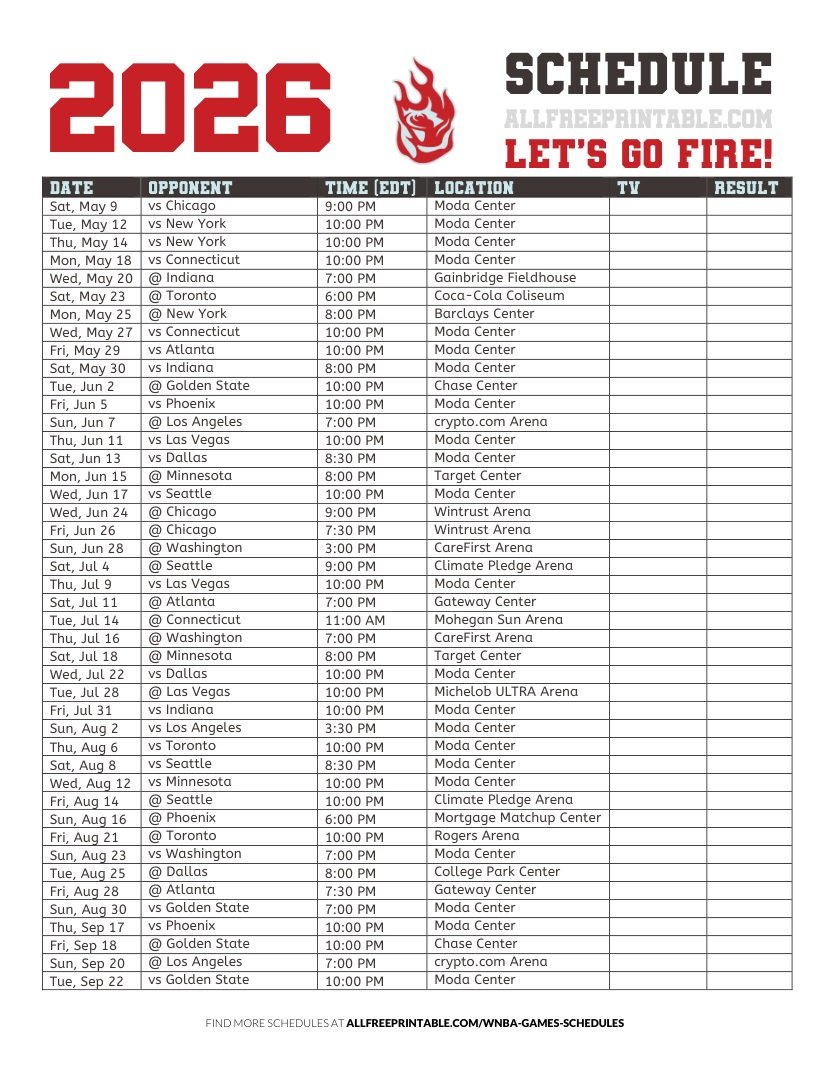 Free Printable 2026 Portland Fire Schedule