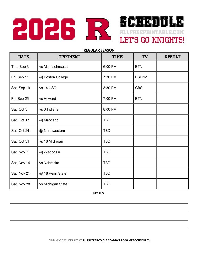Free Printable 2026 Rutgers Scarlet Knights NCAAF Schedule