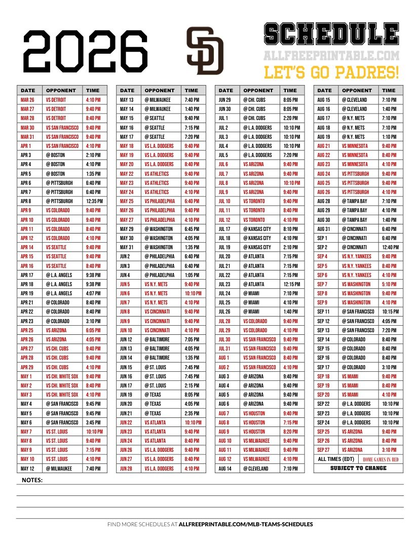 Free Printable 2026 San Diego Padres Schedule PDF
