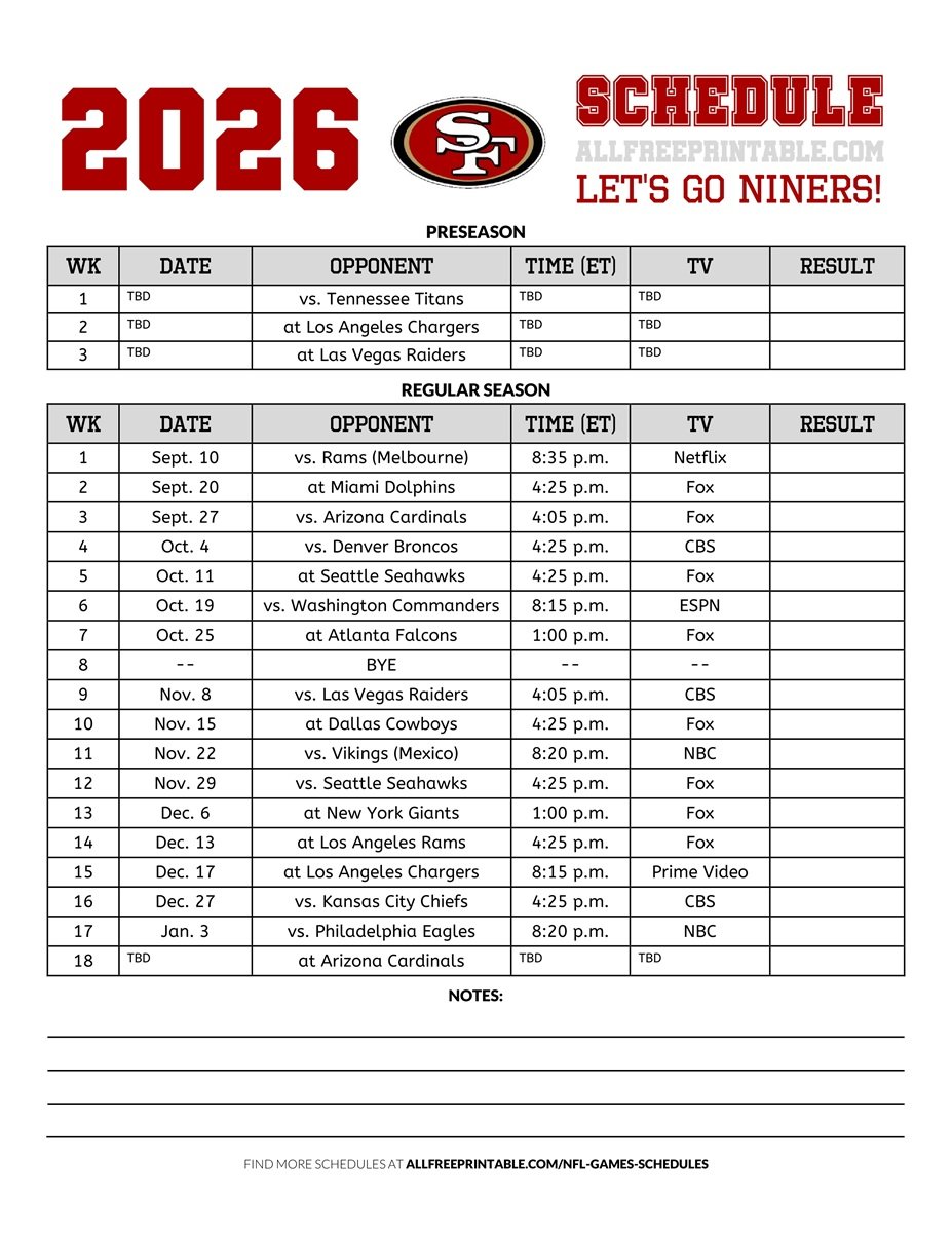 Free Printable 2026 San Francisco 49ers Schedule