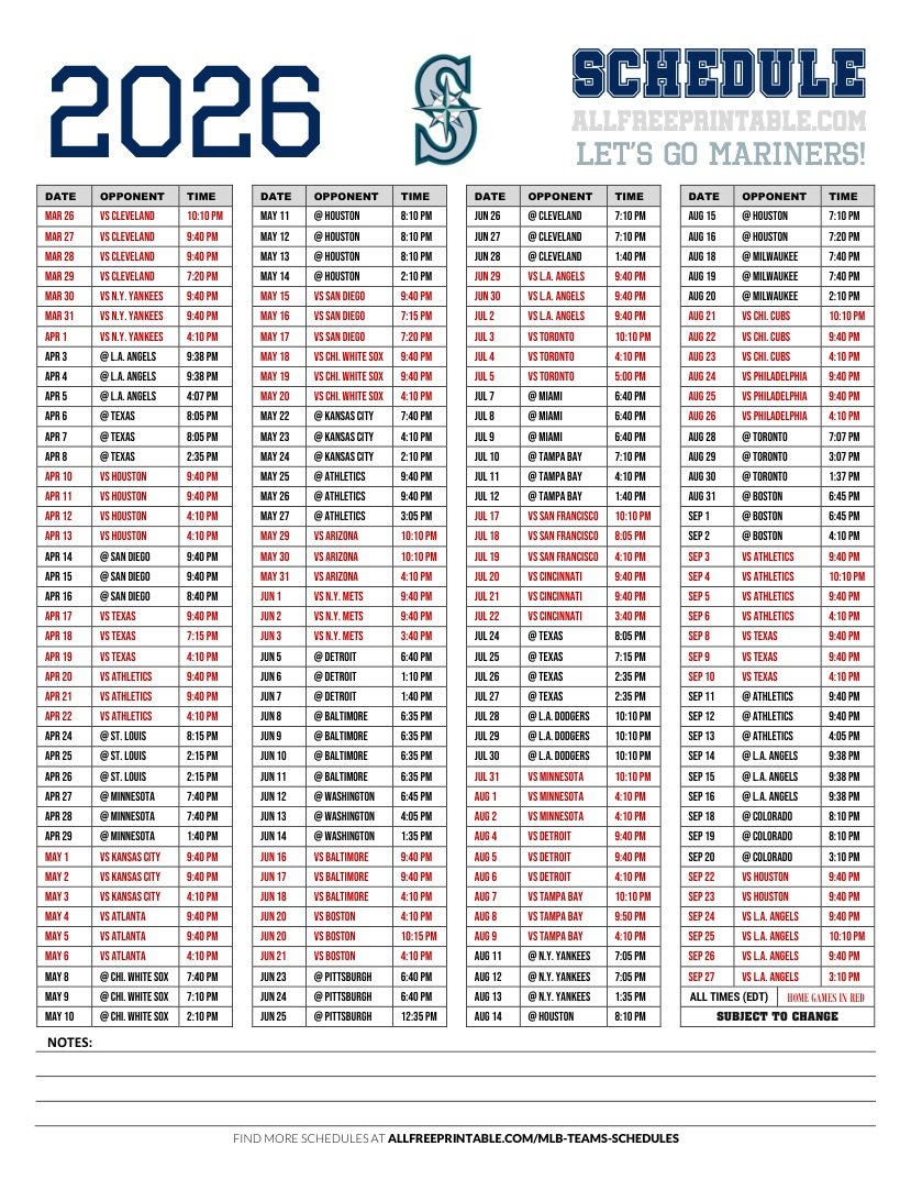 Free Printable 2026 Seattle Mariners Schedule PDF