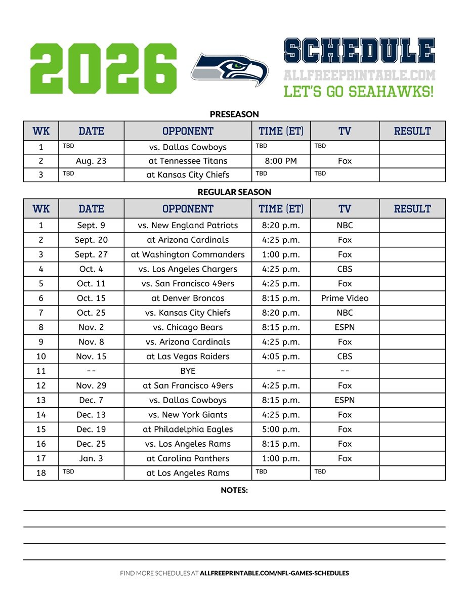 Free Printable 2026 Seattle Seahawks Schedule
